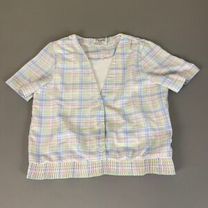 Alfred Dunner Top Blouse Size 12 Petite Colorful Plaid Button Short Sleeve *flaw